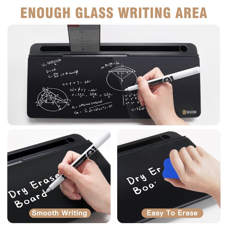 SELEAD Desktop Glass Whiteboard with Organizer, Markers, Eraser - Dry