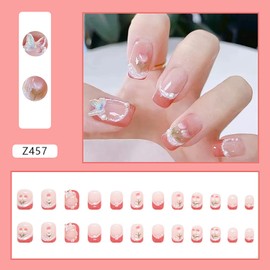 24Pcs Coffin Full Cover Reusable False Nails with Tulip Butterfly Gems Designs, Press on Nails Short Square with Glue, Artificial Fingernails Acrylic Fake Nails for Women, Glue on Nails with Charm