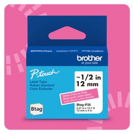 Brother Genuine Btag-P35 P-Touch Label Tape for Brother P-Touch PT-N10, PT-N20 and PT-N25BT Label Makers, Btag Series, Non-Laminated, White on Pink 12mm