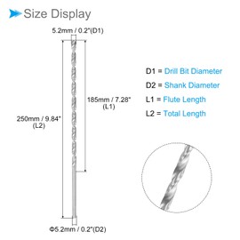 CoCud Ultra Long Twist Drill Bit, 0.2 inch (5.2 mm) Drill Diameter, 9.8 in (250 mm) Length, High Speed Steel, Straight Shank Drill Bit, For Wood, Malleable Iron, Aluminum and Plastic 2 Pieces