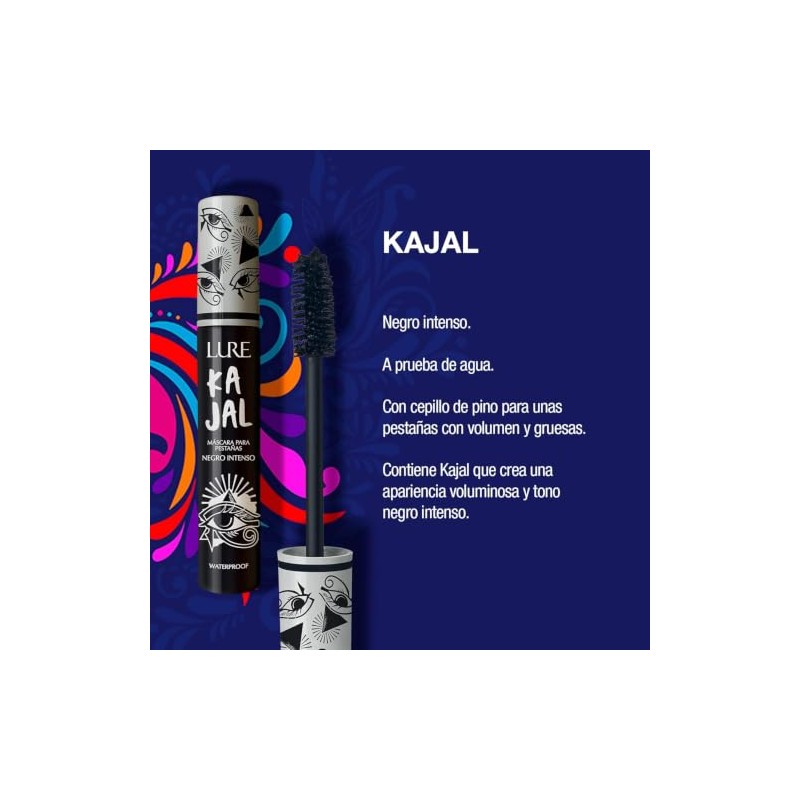 Lure Máscara de Pestañas Kajal Waterproof, Negro Intenso, Volumen y