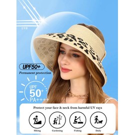 LA CARRIE Wide Brim UV Protection Sun Hats for Women with Leopard Trim Straw Roll Up Beach Visor Hat UPF 50+(Beige with Leopard 2)