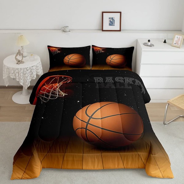 Manfei Basketball Comforter Set Twin Size, Sports Theme Bedding Set 2pcs for Kids Boys Teens Room Decor, American Basketball Quilt Set with 1 Pillowcase