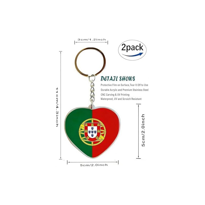 JAVD Paquete de 2 llaveros con bandera de Portugal, Portugal,