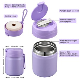 17oz Soup Thermo for Hot Food Kids,Insulated Food Jar with Spoon,Thermo Hot Food Lunch Container,Wide Mouth Leakproof Stainless Steel Lunch Box for School-Purple