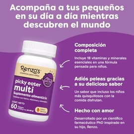 Renzo's Picky Eater | Multivitaminico para Niños | 18 Vitaminas y Minerales | 60 Tabs Masticables sin Azúcar | Vegano y Sin Alérgenos | Vitamina C, D3
