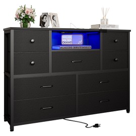 Dresser for Bedroom with 9 Drawers, Black Storage Organizer TV Stand for 55" TV with LED Lights and Sockets, Fabric Chest of Drawers with PU Finish for Kid Room, Entryway, Living Room, Hallway