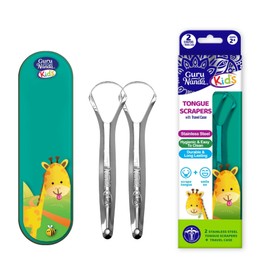 GuruNanda Kids Tongue Scraper (-Pack) with Travel Case, Stainless Steel, Aids in Fresh Breath - Travel-Friendly Tongue Cleaner (Green/Pink/Orange)