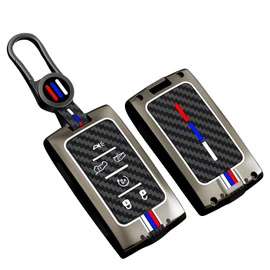 SANRILY Carbon Fiber Pattern 6 Button Smart Key Fob Cover Case Fit for Jeep Grand Cherokee L Grand Wagoneer 2021-2024 Keyless Luminous Key Case with Glow Keychain Black