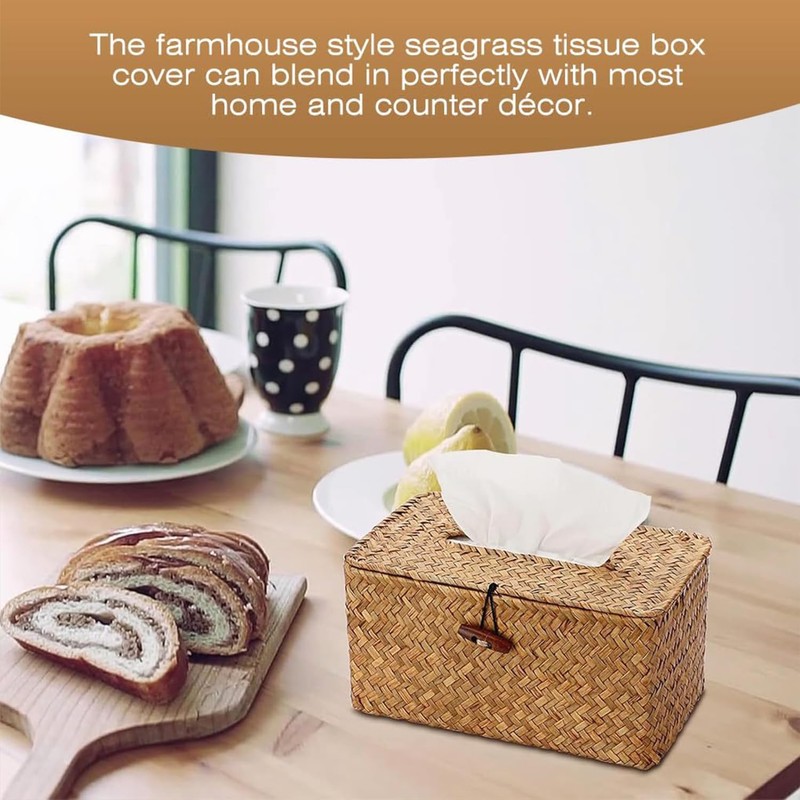 MUSONG Country Rustic Seagrass Tissue Box Cover, Rectangular, Caramel