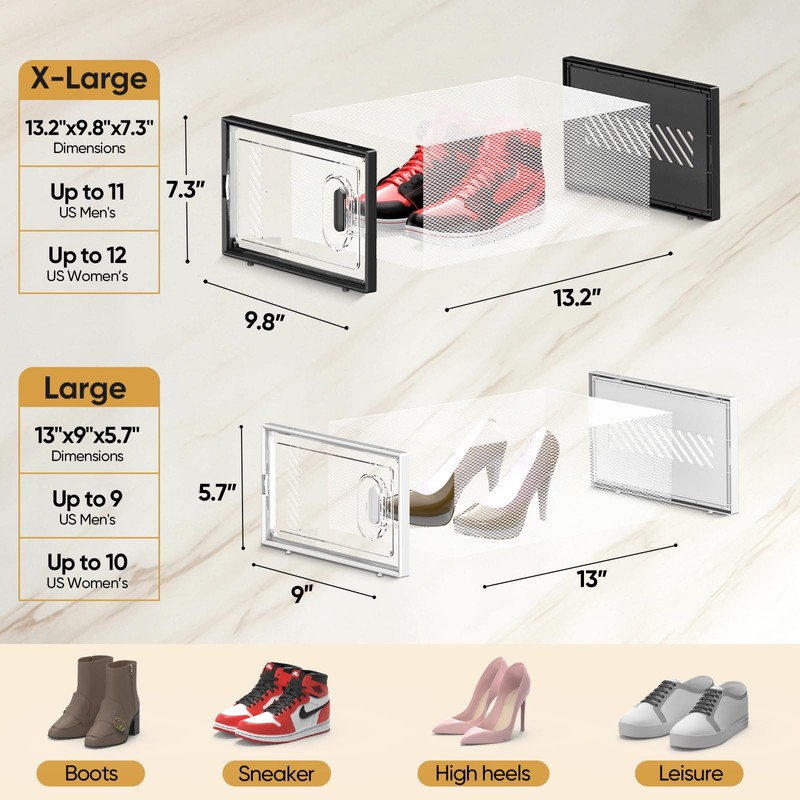 BALEINE 12 Pack Stackable Shoe Storage Boxes Fit Size 9,