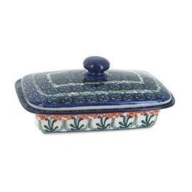 Blue Rose Polish Pottery - Orange Peach Posy Butter Dish - Fits 1 Stick - Butter Dish for Countertop Organization and Storage