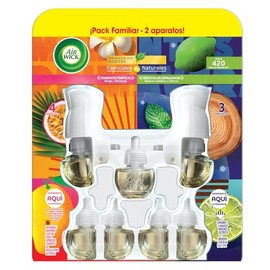 Air Wick Aromatizante de Ambiente Continuo, Mango y Maracuyá + Maderas y Cítricos, 2 difusores eléctricos + 7 repuestos de 25 ml c/u
