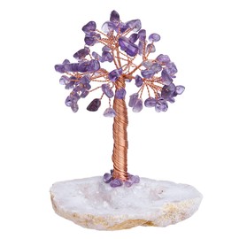 mookaitedecor Amethyst Natural Crystal Money Tree with Druzy Geode Quartz Base, Copper Wire Wrapped Fengshui Tree Figure for Office Home Decoration, Symbol of Wealth and Happiness