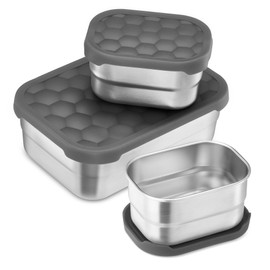 E-far Stainless Steel Lunch Containers for Kids, 3-Piece (8OZx2 & 25OZ) Bento Box Snack Food Container with Leak-proof Silicone Lid, Metal Storage for Toddlers Child School Picnic, Grey