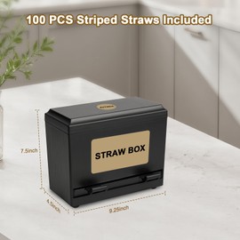 AITINIA Straw Dispenser, Pencil Dispenser, Straw Organizer, 100 PCS Striped Straws Included, Classroom & Restaurant Supply, Plastic, 9.25" L x 4.5" W x 7.5" H, Black
