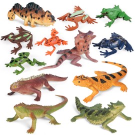 Pack of 12 Reptiles Lizards Animals Figures Mini Plastic Cold-blooded Amphibians Frog Toy Figures Jungle Animals Chameleon Rainforest Character Toy for School Project Prank Props