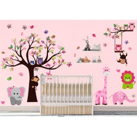 DEKOSH Pink Jungle Baby Nursery Wall Decal Peel & Stick Colorful Owl Giraffe Lion Animal Wall Stickers for Kids Room