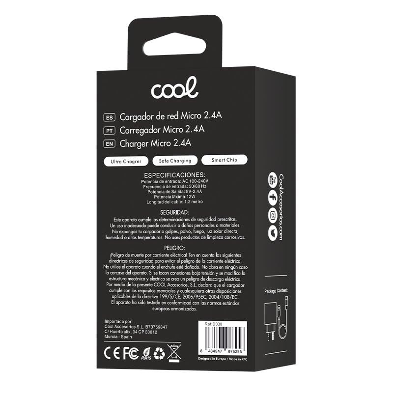 Netzladegerät, Micro-USB-Anschluss, Cool Universal, 2,4 A, Kit 2-in-1, Schwarz