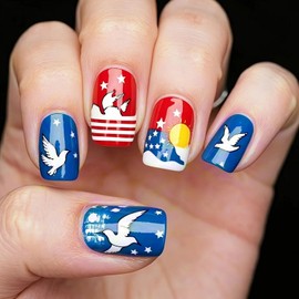 Independence Day Press on Nails Short Square Fake Nails Glossy Blue Red White Stick on Nails with Eagle Stars designs 4th of July False Nails Full Cover Patriotic Nails for Women Manicure24pcs