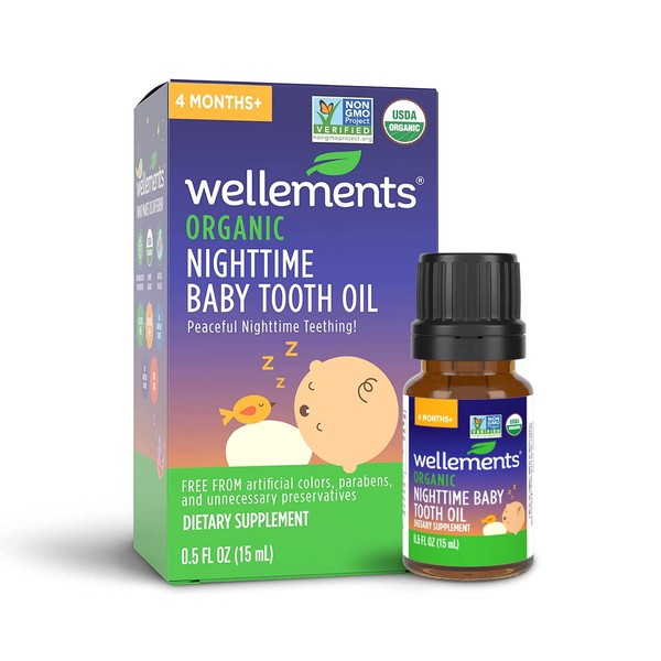 Wellements Organic Nighttime Baby Tooth Oil | Gently Soothes Tiny Gums, Natural Nighttime Teething Oil for Babies, Organic Blend of Essential Oils & Sleepytime Herbs* | 0.5 Fl Oz, 4 Months +