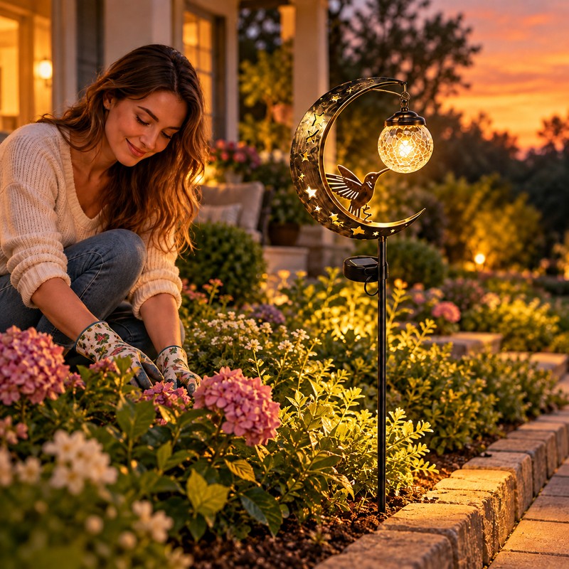 Solar Hummingbird Moon Garden Light – Crackle Glass LED Stake,
