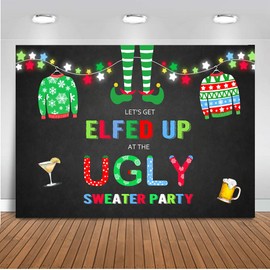 Mocsicka Elfed Up Ugly Sweater Party Backdrop Christmas Ugly Sweater Photography Background 7x5ft Christmas Ugly Sweater Party Decorations Photo Booth Prop
