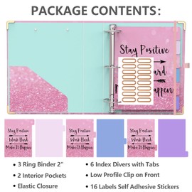 3 Ring Binder 2 Inch, Cute Pink Round Ring Binders with 6 Tab Dividers, Labels Stickers, Low Profile Clipboard with Storage, Fashion Binder School Office Supplies(Stay Positive)