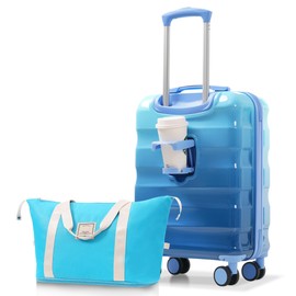 Merax Suitcase Set, Carry On Lightweight Glossy Hardshell Luggage with Cup Holder, Spinner Wheels, Gradient Blue, 20in