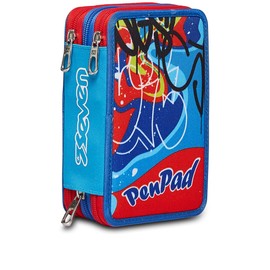 Seven Pencil Case, Multicoloured, Pencil Case for Stationery, Pencil Case with Pens, Ballpoint Pens, & More, 3 Compartments, Girls & Boys, School - Elementary School, XXL, Red/Blue, multicoloured,