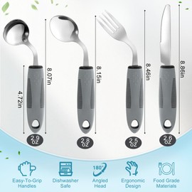 6 Pcs Adaptive Utensils Set, Weighted Utensils for Hand Tremors, 45° Angled Parkinsons Utensils for Elderly Arthritis Weak Hand Grip Seniors, Includes Storage Pouch & Eating Bib