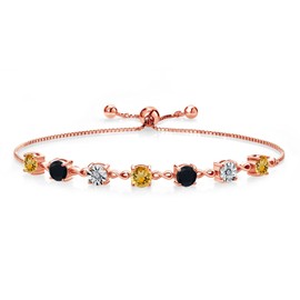Gem Stone King 3.14 Ct Round Yellow Citrine Black Onyx 18K Rose Gold Plated Silver Lab Grown Diamond Tennis Bracelet For Women (Fully Adjustable Up to 9 Inch)