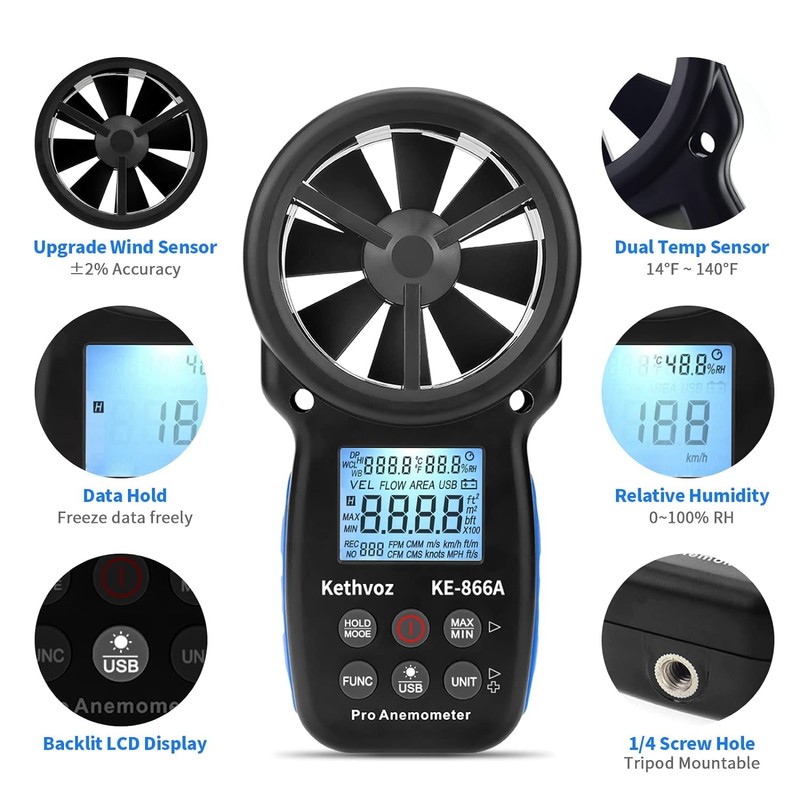 Handheld Anemometer Windspeed Meter 40m/s, Kethvoz CFM Wind Gauge with