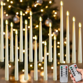 Rossesay 16 Pcs Battery Operated Taper Candles with Remote Timer Christmas Candles Bulk Decor 8.5 9.6 10.8 12.8 LED Multiple Sizes Flameless Flickering Candlestick for Christmas Wedding(Ivory)