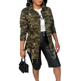 Seltaon Casual Ripped Camo Jacket for Women Fall Camouflage Army Fatigue Green Jackets Coat Plus Size