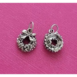 D Sterling Silver Christmas Wreath with Bow Xmas Holiday Charm Pendant 925 USA New