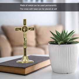 Hapivida Table Crucifix Cross, Hand Carved Zinc Alloy, Catholic Jesus Statue with Removable Stand for Home Decoration, Altar, Christ Gift (Copper)