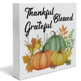 Thankful Grateful Blessed Table Decor, Fall Pumpkin Sign, Farmhouse Thanks Fall Thanksgiving Wooden Square for Home Bedroom Kitchen Desk Decor 5 x 5 Inches