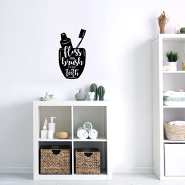 Aurabeam Vinyl Wall Art Decal - Floss and Brush Your Teeth - 8" x 16" - Silhouette Modern Bathroom Quote Sticker for Home Bedroom Dentist Office Kids Room Decor