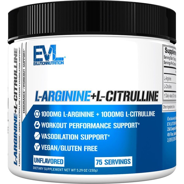 Evlution Nutrition L-Arginine + L-Citrulline - Endurance + Workout Performance Supplement - 2000mg Complex - Vasodilation + Nitric Oxide Support - Vegan + Gluten Free Powder - 75 Servings