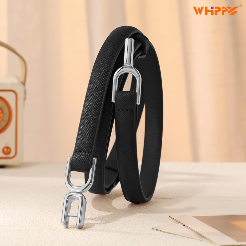 WHIPPY Women Skinny Leather Belt Adjustable Thin Waist Belt for