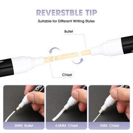 TWOHANDS White Liquid Chalk Pens (5 Pack) - 3mm & 4.5mm Reversible Tip - Multi-Purpose Wipeable and Erasable Chalk Markers for Chalkboards, Signs, Windows, Whiteboards, Glass, Bistro, 19530