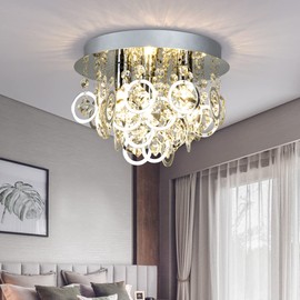 Maxax 3 Lights Mini Crystal Chandelier, 9.8” Small Modern Crystal Flush Mount Ceiling Light Fixture, Clear Crystal Raindrops Chandelier for Dining Room, Hallway, Bedroom, Living Room, Chrome