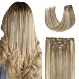 Hair Extensions Clip in Hair Extensions Human Hair Ombre Ash Blonde with Bleach Blonde Real Remy Human Hair Extensions Clip in Hair Extensions 70g/set 7pcs 12in Silky Straight Clip in Hair for women