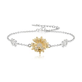 BriLove 925 Sterling Silver CZ Honeybee Sunflower Bracelet for Women Link Adjustable Love Heart Charm Jewelry Gifts for Mom Mothers Day Birthday