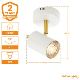 National Lighting Quinn Modern Single Matt White with Brushed Gold Accent Ceiling/Wall Spotlight IP20 Rated - LED GU10