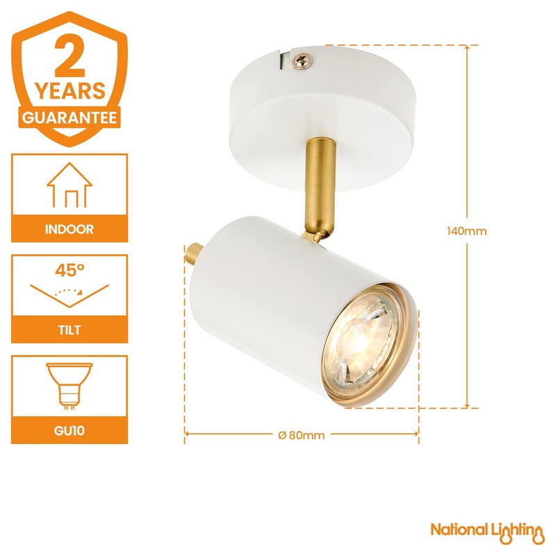 National Lighting Quinn Modern Single Matt White with Brushed Gold