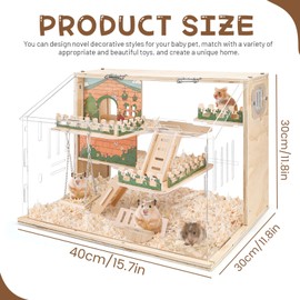 Wooden Hamster Cage Large, 16-Inch 3-Layer Acrylic Hamster Cage, Small Animal Cages with Platform and Playpen for Direct Observation, Pet Supplies