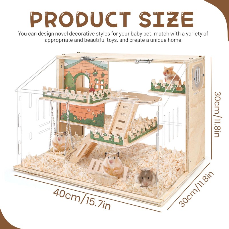 Wooden Hamster Cage Large, 16-Inch 3-Layer Acrylic Hamster Cage, Small