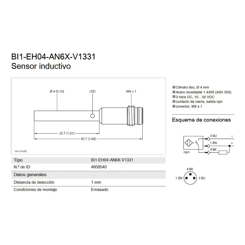 Turck Bi1-eh04-an6x-v1331 Sensor Inductivo 4608540 Enrasado